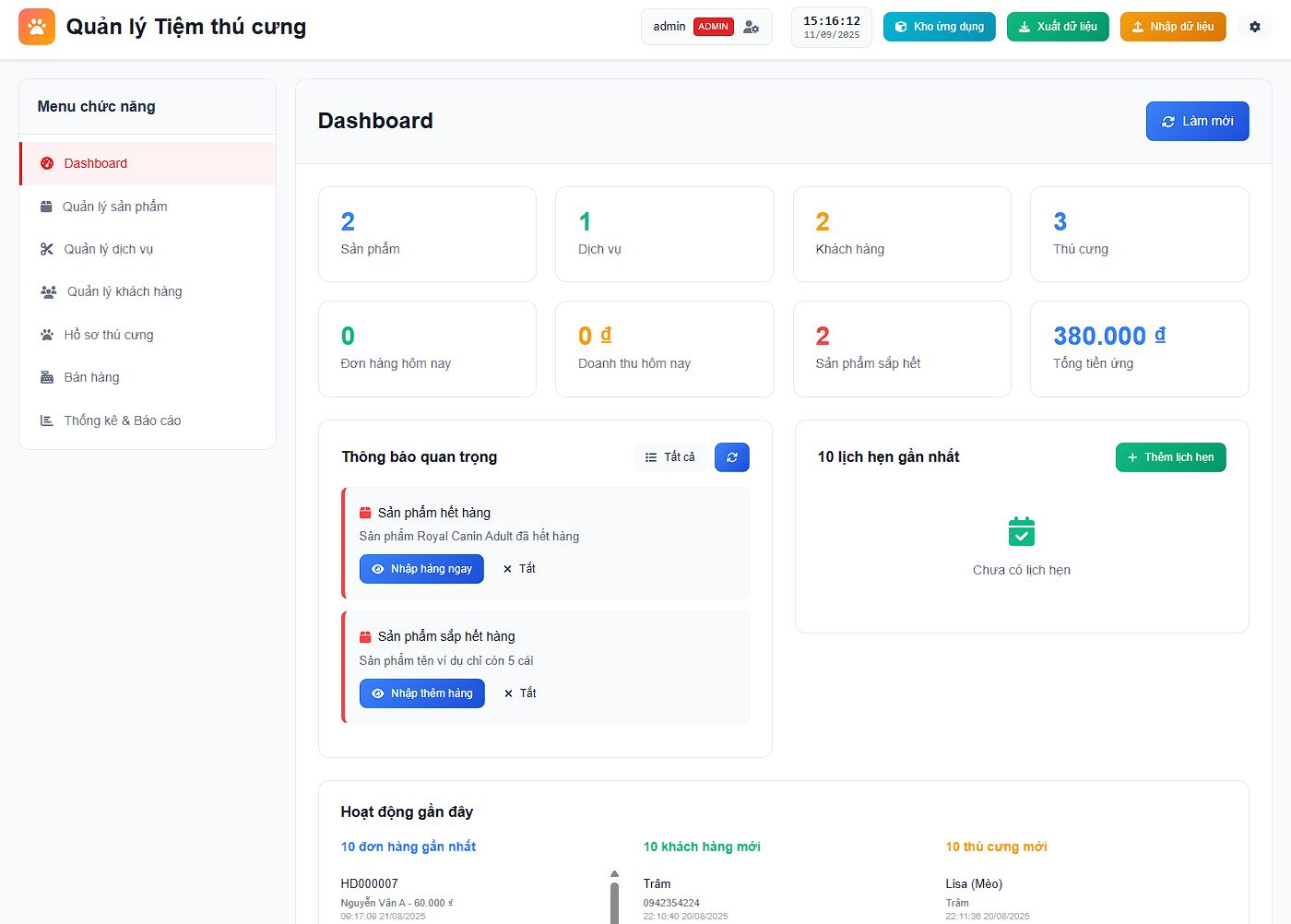 Dashboard quản lý tiệm thú cưng