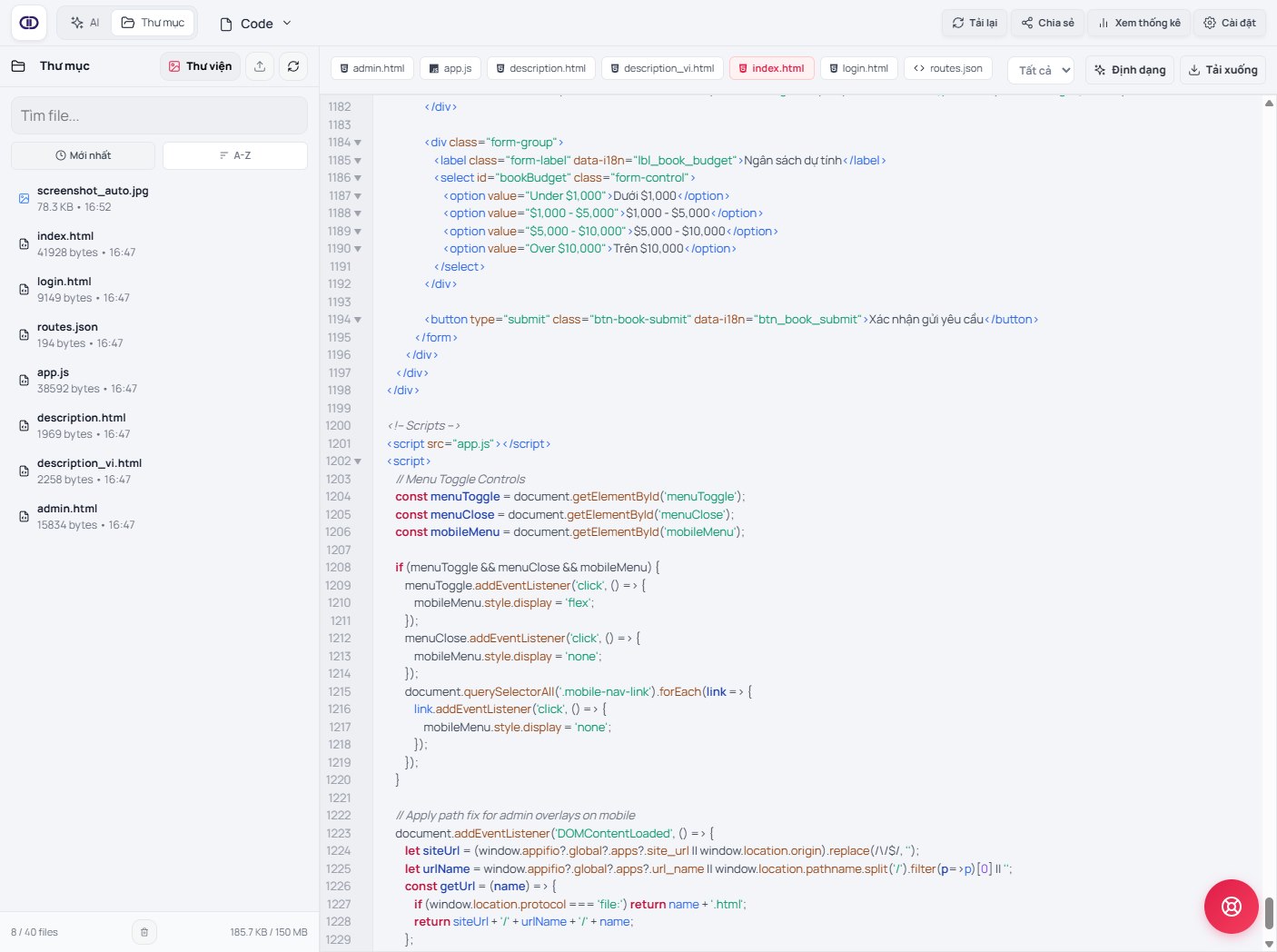 DINHDANH Creator Code with live window.appifio usage (blog/client sample replacement)